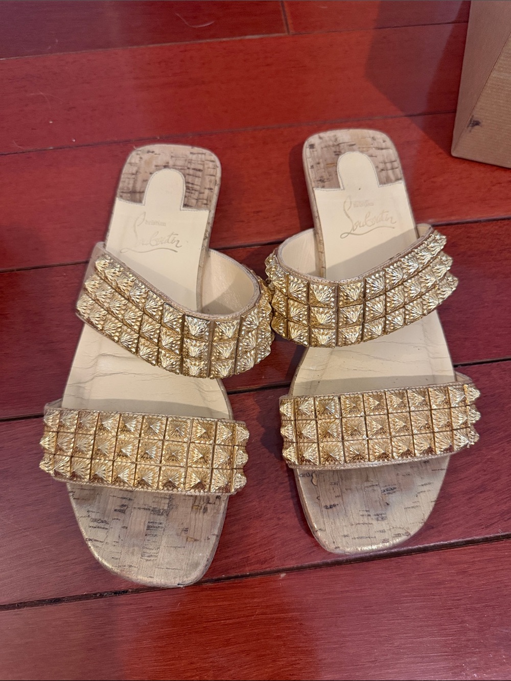 Christian Louboutin Gold Pyramid-Stud Double Strap Slides